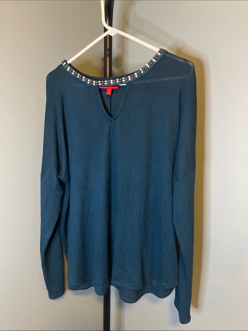 Jennifer Lopez Teal Crewneck Sweater with Beaded Trim